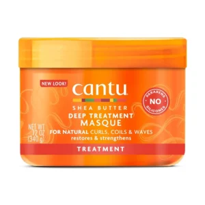 A jar of Cantu Shea Butter Deep Treatment Masque for nourishing and moisturizing over-processed Type 3 and 4 curls and coils, enriched with shea butter and essential oils.