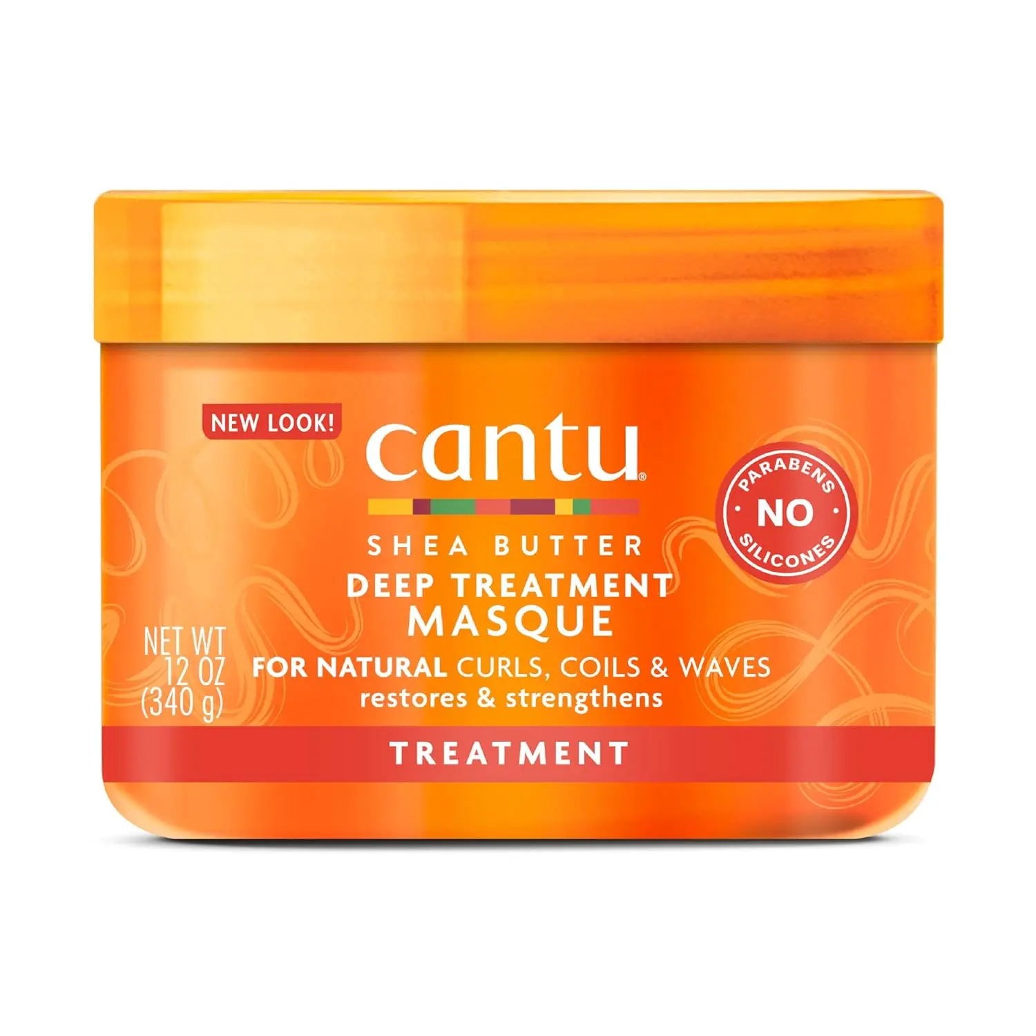 A jar of Cantu Shea Butter Deep Treatment Masque for nourishing and moisturizing over-processed Type 3 and 4 curls and coils, enriched with shea butter and essential oils.
