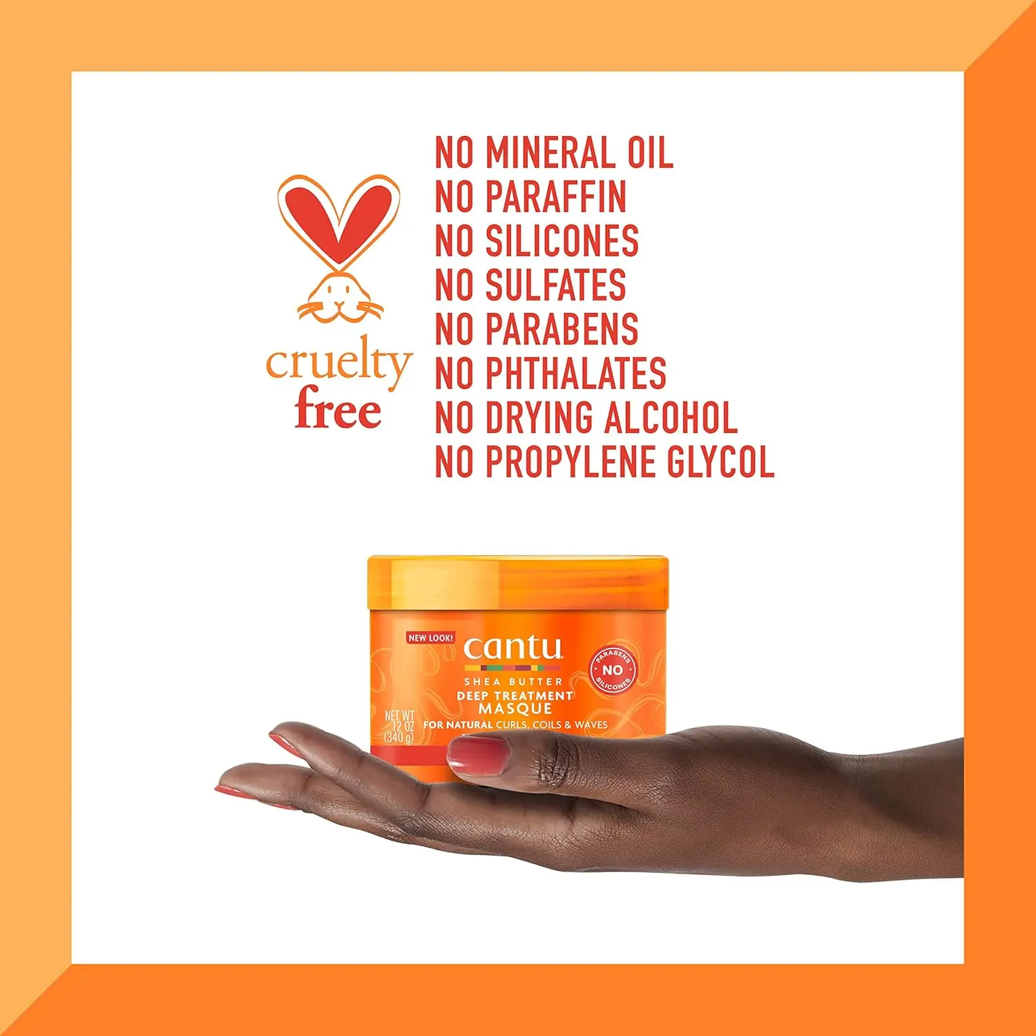 A jar of Cantu Shea Butter Deep Treatment Masque for nourishing and moisturizing over-processed Type 3 and 4 curls and coils, enriched with shea butter and essential oils.