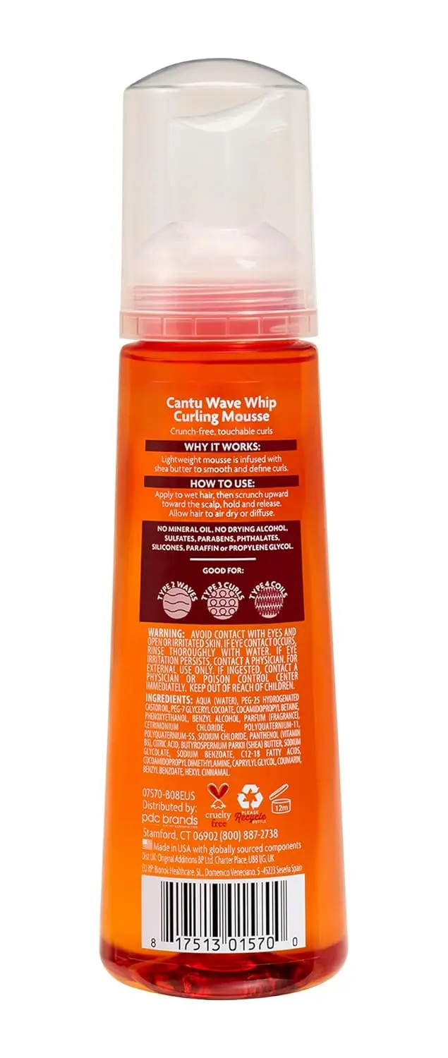 Cantu Shea Butter Wave Whip Curling Mousse defines natural waves and curls with weightless moisture, conditioning, and a touchable, frizz-free finish.