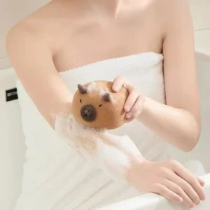 This is a cute capybara bath sponge that exfoliates and foams easily for shower massage in the bathroom.