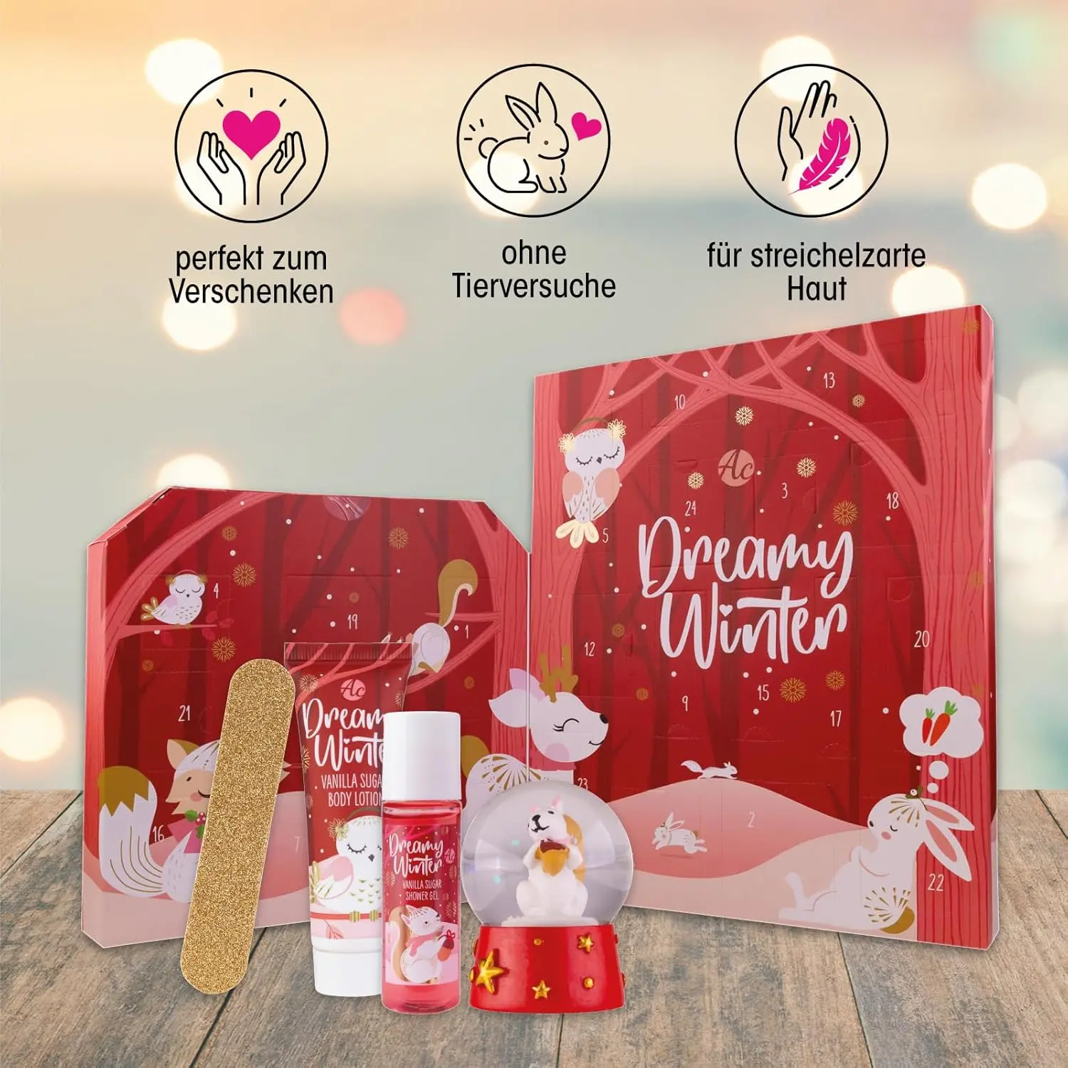 Accentra care advent calendar for girls with 24 beauty gifts, including body lotion, bath bombs and shower gel, perfect for brightening up the Advent season.