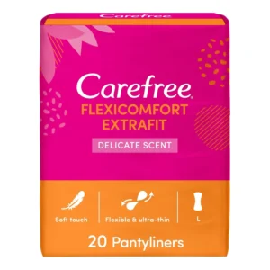 Ultra-thin and flexible Carefree Cotton FlexiComfort large size panty liners with a delicate scent, designed for invisible comfort and secure, stay-in-place protection.