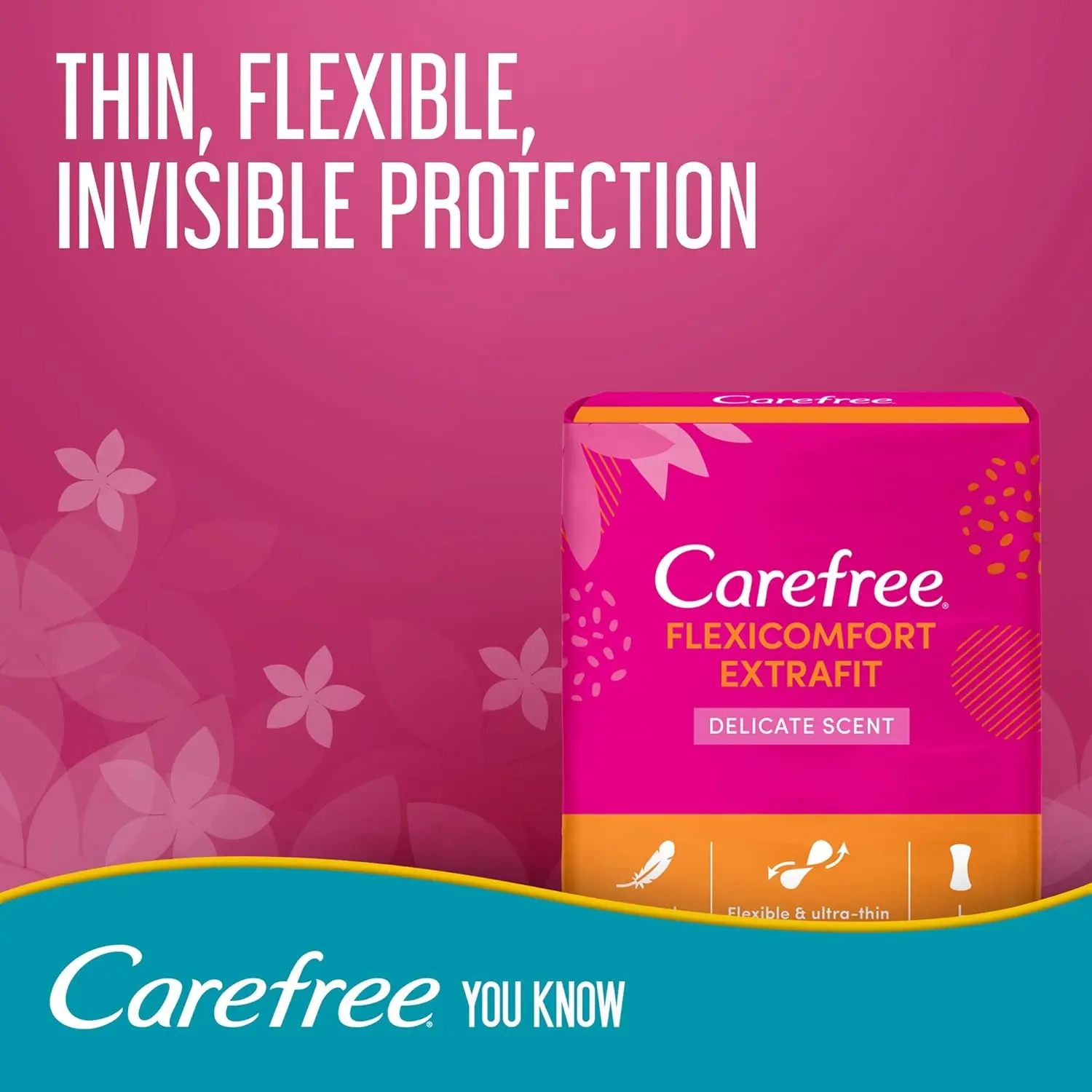 Ultra-thin and flexible Carefree Cotton FlexiComfort large size panty liners with a delicate scent, designed for invisible comfort and secure, stay-in-place protection.
