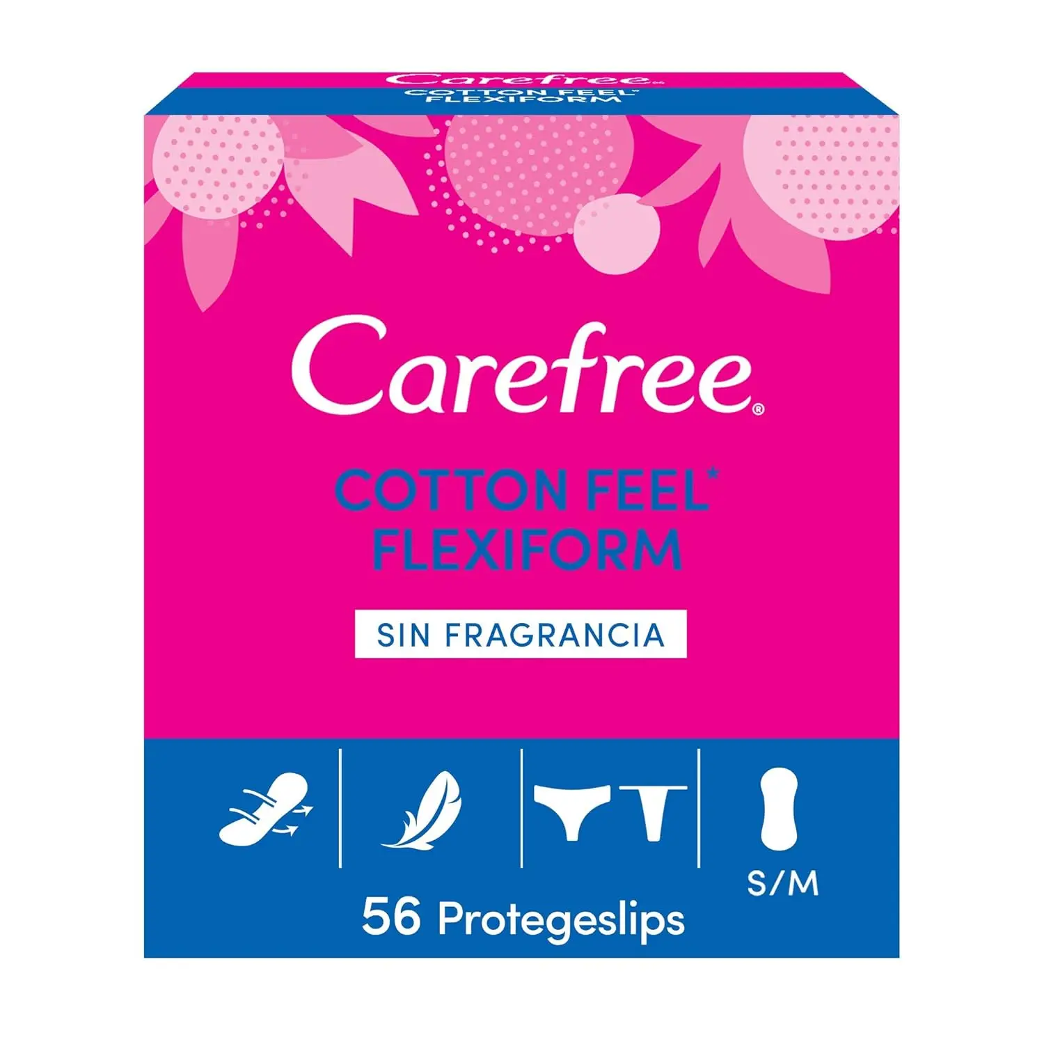 Carefree Flexiform panty liners, small/medium size, designed for a perfect fit with normal panties and thongs, offering breathable, soft, stay-in-place protection.