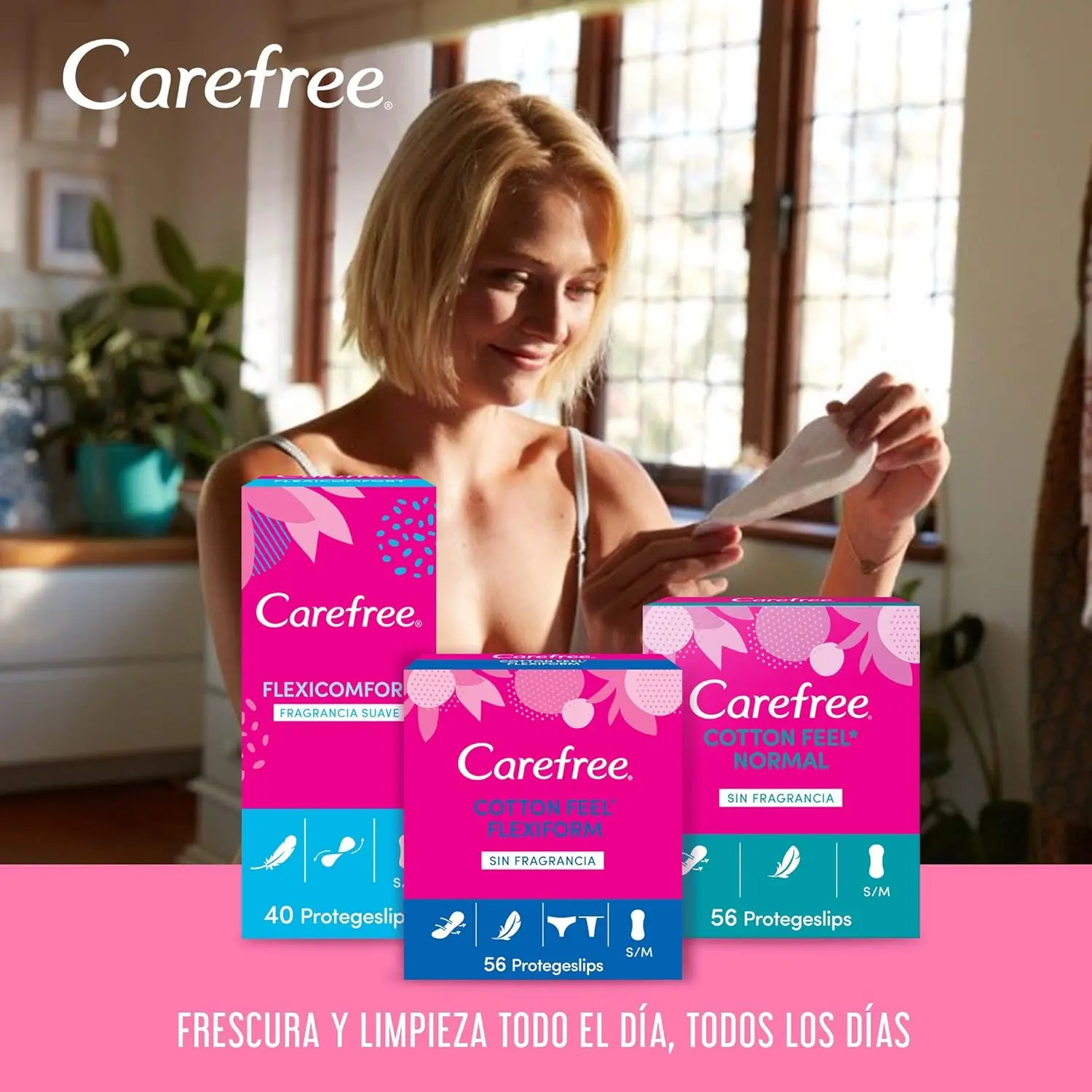 Carefree Flexiform panty liners, small/medium size, designed for a perfect fit with normal panties and thongs, offering breathable, soft, stay-in-place protection.