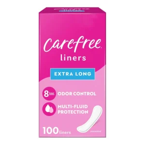 Unwrapped Carefree extra long panty liners provide all-day comfort, freshness, and reliable protection against leaks and odors.