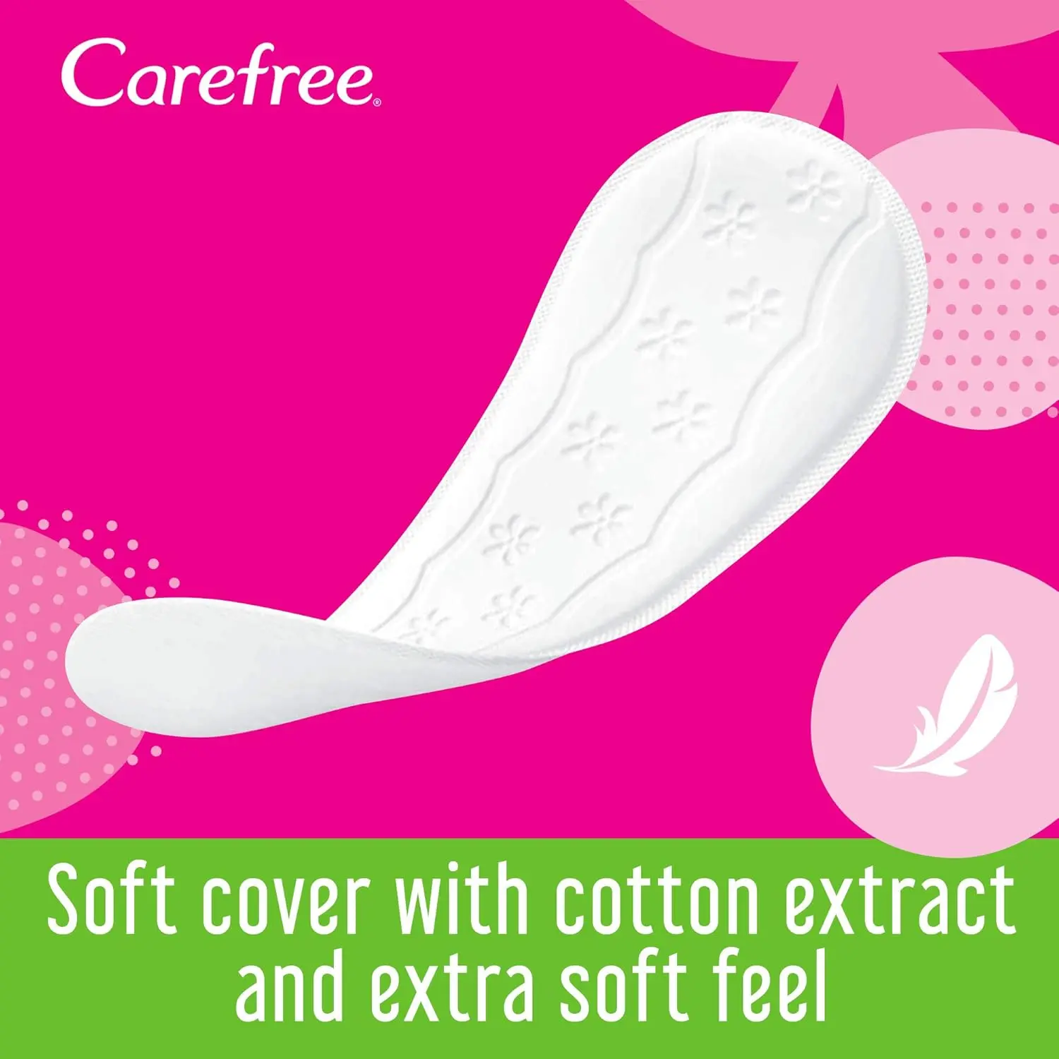 Individually wrapped Carefree panty liners with natural cotton extract and a light, fresh scent offer discreet, thin, and absorbent protection.