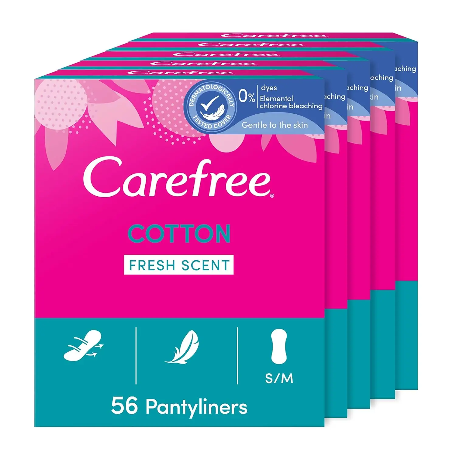 Individually wrapped Carefree panty liners with natural cotton extract and a light, fresh scent offer discreet, thin, and absorbent protection.