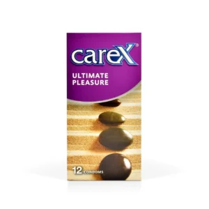 A pack of Carex Ultimate Pleasure condoms featuring a combination of ribs and dots for enhanced sensation, with a contoured shape and teat-ended design for a durable, reliable, and long-lasting experience.