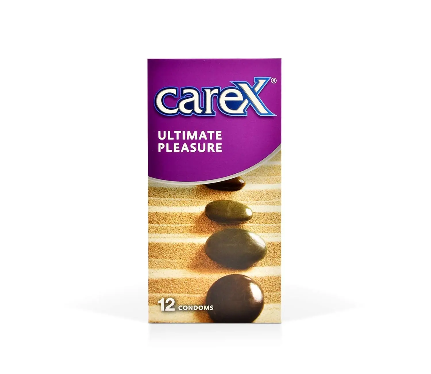 A pack of Carex Ultimate Pleasure condoms featuring a combination of ribs and dots for enhanced sensation, with a contoured shape and teat-ended design for a durable, reliable, and long-lasting experience.