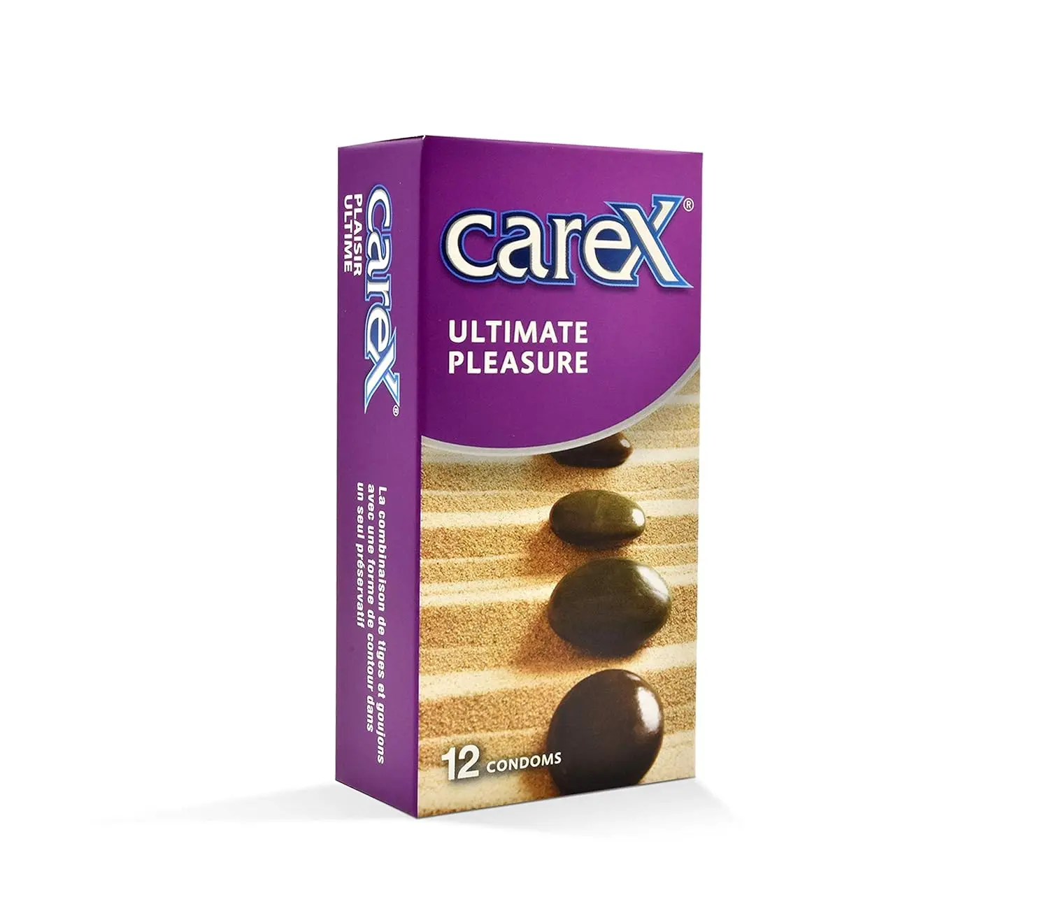 A pack of Carex Ultimate Pleasure condoms featuring a combination of ribs and dots for enhanced sensation, with a contoured shape and teat-ended design for a durable, reliable, and long-lasting experience.