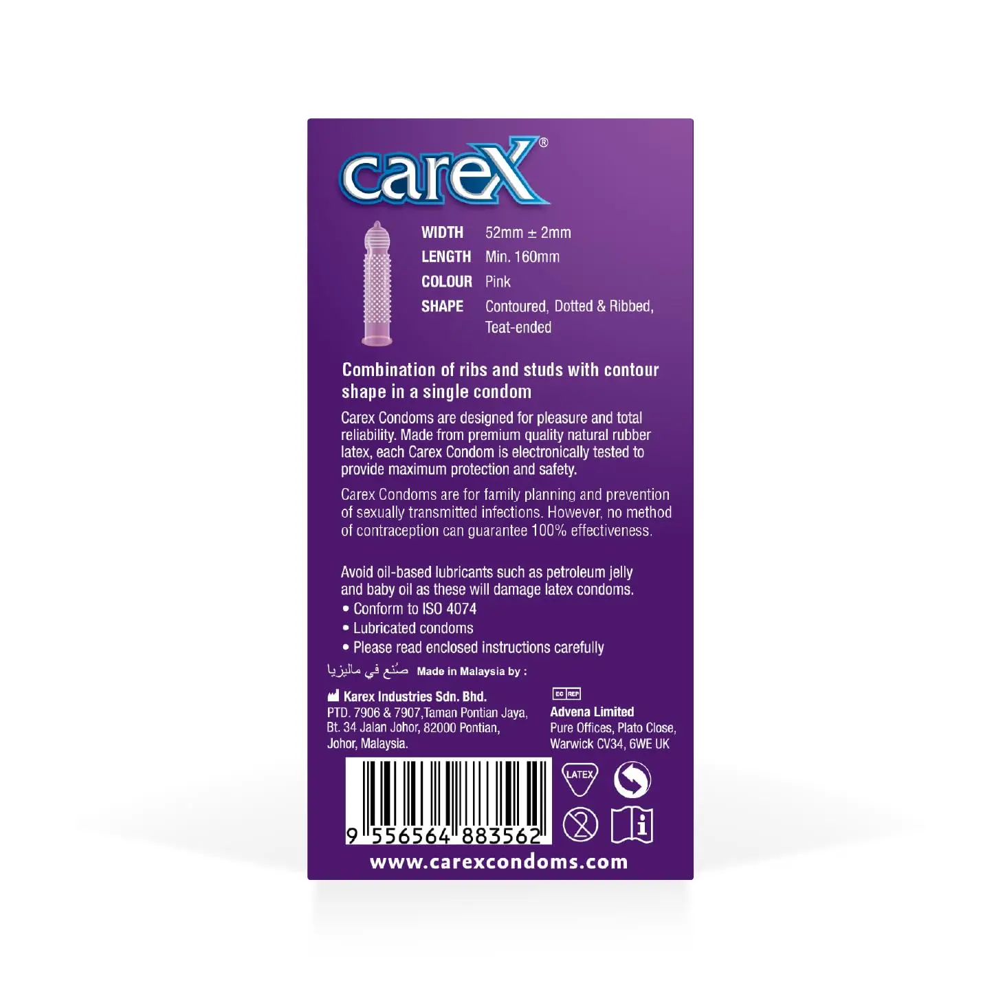 A pack of Carex Ultimate Pleasure condoms featuring a combination of ribs and dots for enhanced sensation, with a contoured shape and teat-ended design for a durable, reliable, and long-lasting experience.