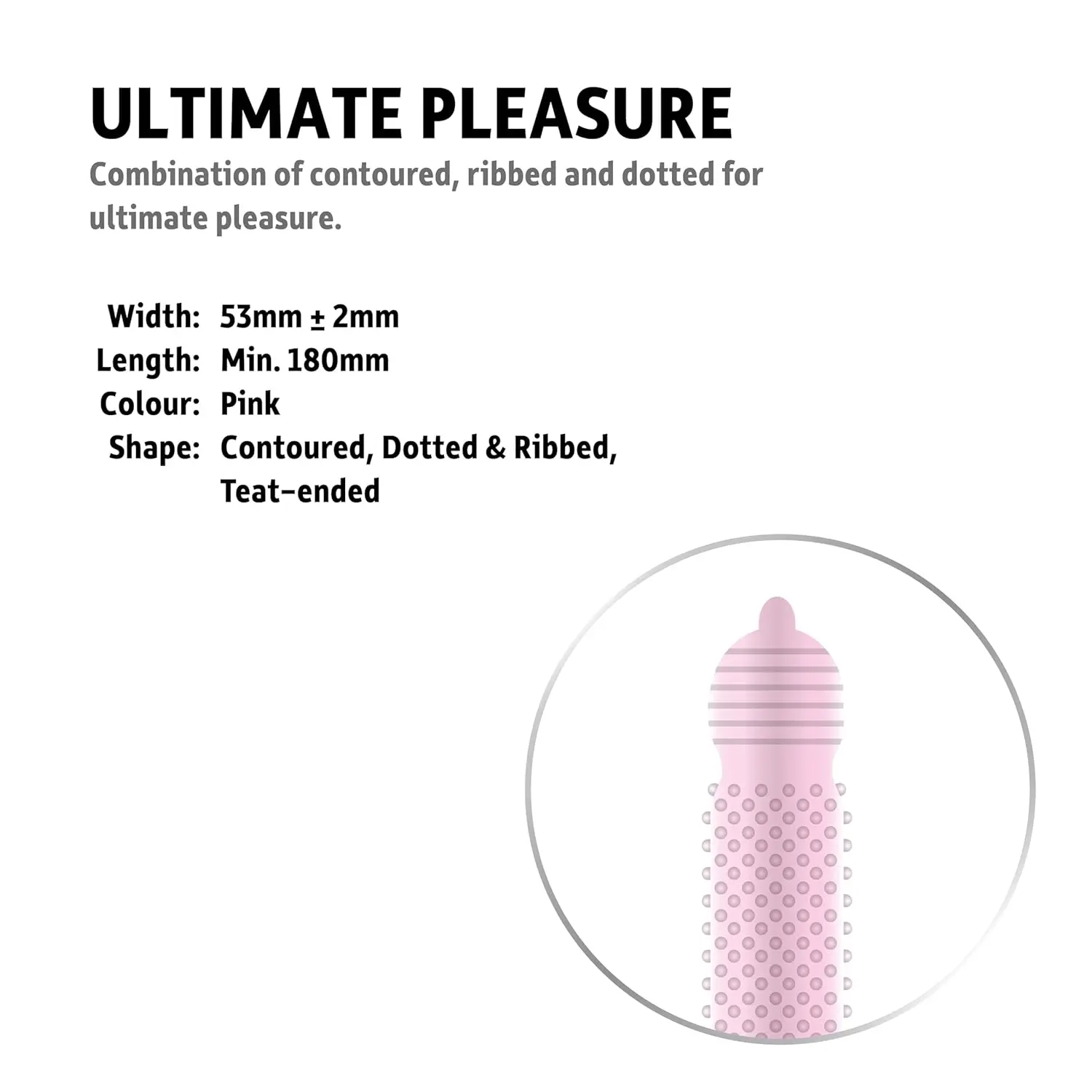 A pack of Carex Ultimate Pleasure condoms featuring a combination of ribs and dots for enhanced sensation, with a contoured shape and teat-ended design for a durable, reliable, and long-lasting experience.