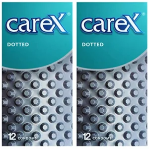 This image shows a set of two Carex Dotted condoms boxes, each containing 12 condoms, designed for men.