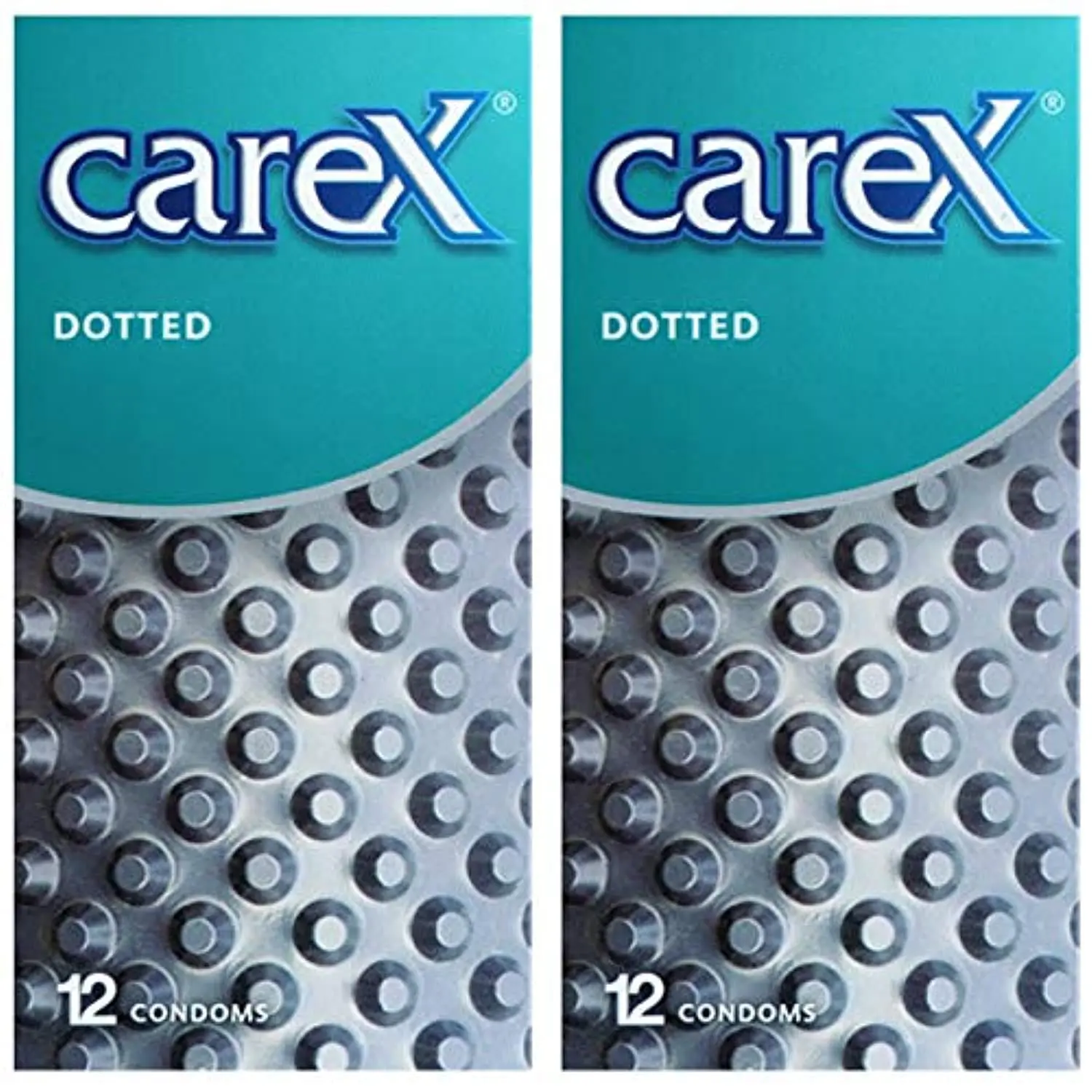 This image shows a set of two Carex Dotted condoms boxes, each containing 12 condoms, designed for men.