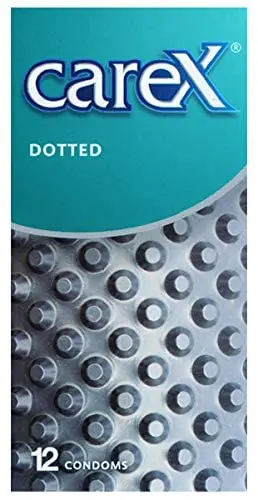 This image shows a set of two Carex Dotted condoms boxes, each containing 12 condoms, designed for men.