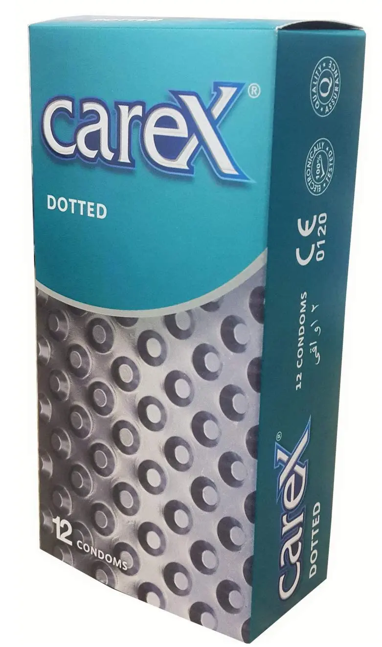 This image shows a set of two Carex Dotted condoms boxes, each containing 12 condoms, designed for men.