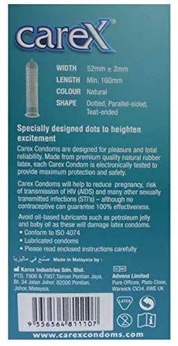 This image shows a set of two Carex Dotted condoms boxes, each containing 12 condoms, designed for men.