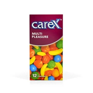 A pack of Carex Multi Pleasure Condoms offering smooth, ribbed, dotted, and zero thin varieties for a different experience every time.