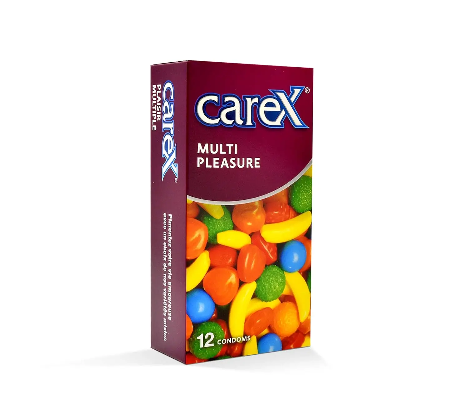 A pack of Carex Multi Pleasure Condoms offering smooth, ribbed, dotted, and zero thin varieties for a different experience every time.