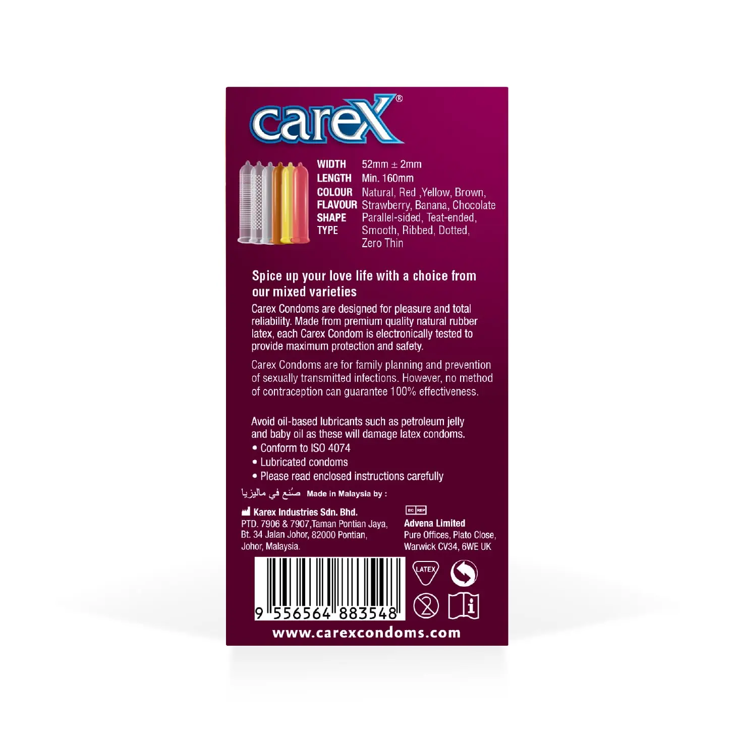 A pack of Carex Multi Pleasure Condoms offering smooth, ribbed, dotted, and zero thin varieties for a different experience every time.