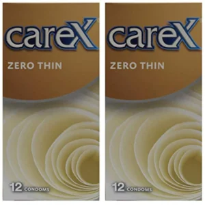 This image displays two boxes of Carex Zero Thin Condoms, each containing 12 condoms, for a total of 24, designed for men.