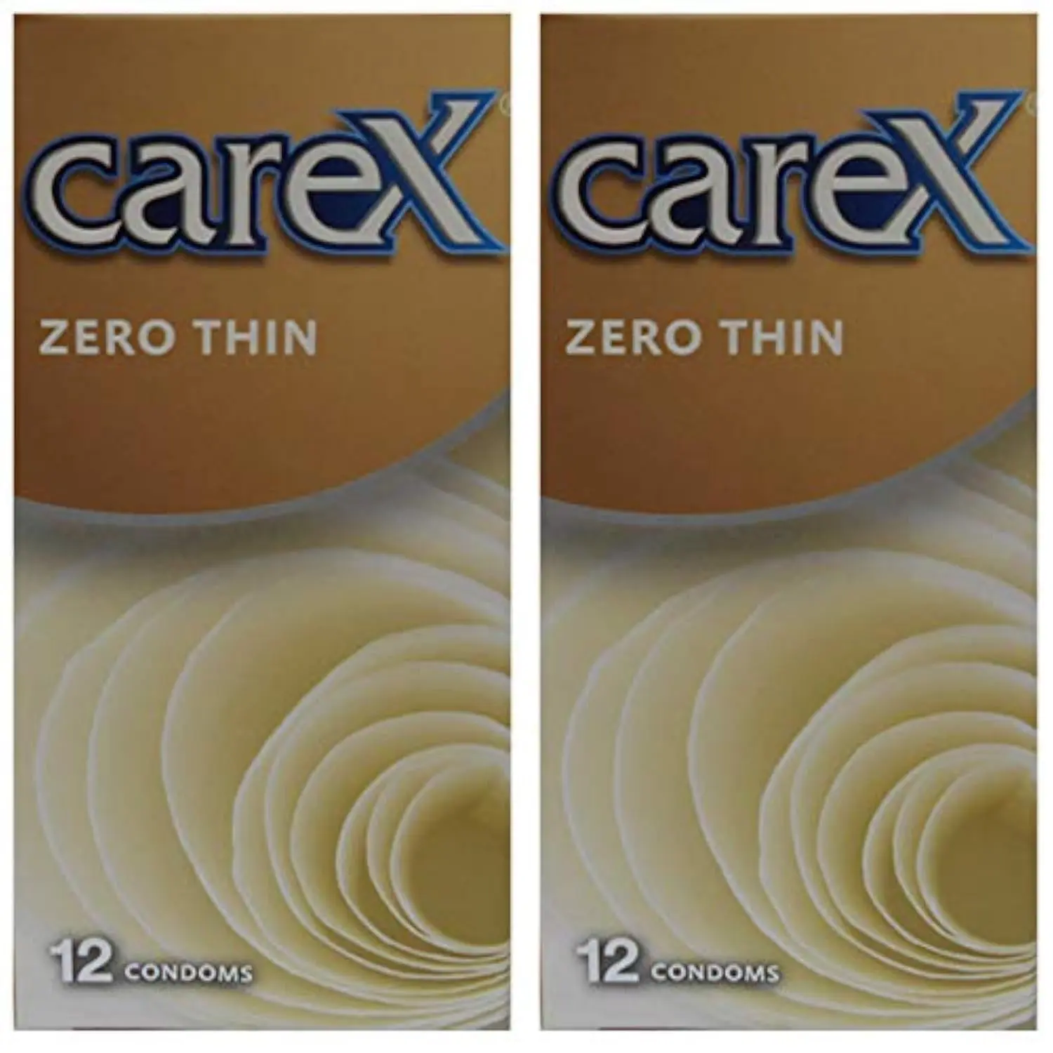 This image displays two boxes of Carex Zero Thin Condoms, each containing 12 condoms, for a total of 24, designed for men.