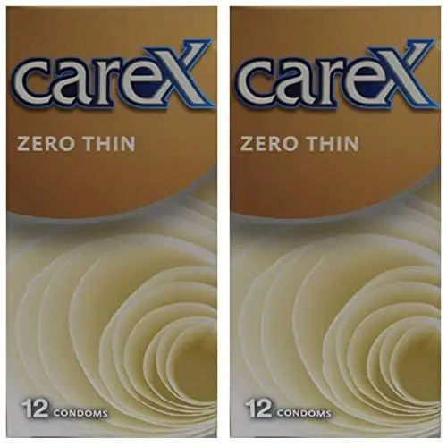 This image displays two boxes of Carex Zero Thin Condoms, each containing 12 condoms, for a total of 24, designed for men.