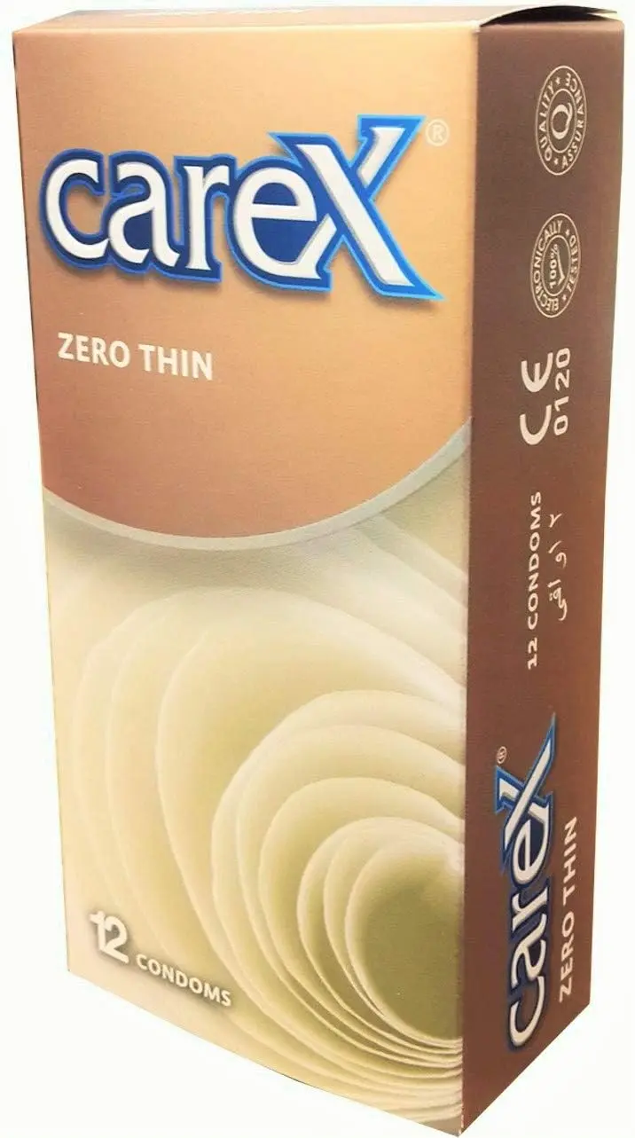 This image displays two boxes of Carex Zero Thin Condoms, each containing 12 condoms, for a total of 24, designed for men.