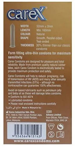 This image displays two boxes of Carex Zero Thin Condoms, each containing 12 condoms, for a total of 24, designed for men.