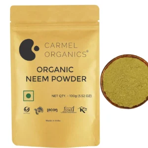 This is a pack of CARMEL ORGANICS Neem Leaves Powder, Jaivik Bharat Certified, sourced sustainably with no added preservatives and non-GMO, perfect for face masks, hair care, dental health, and digestive support.