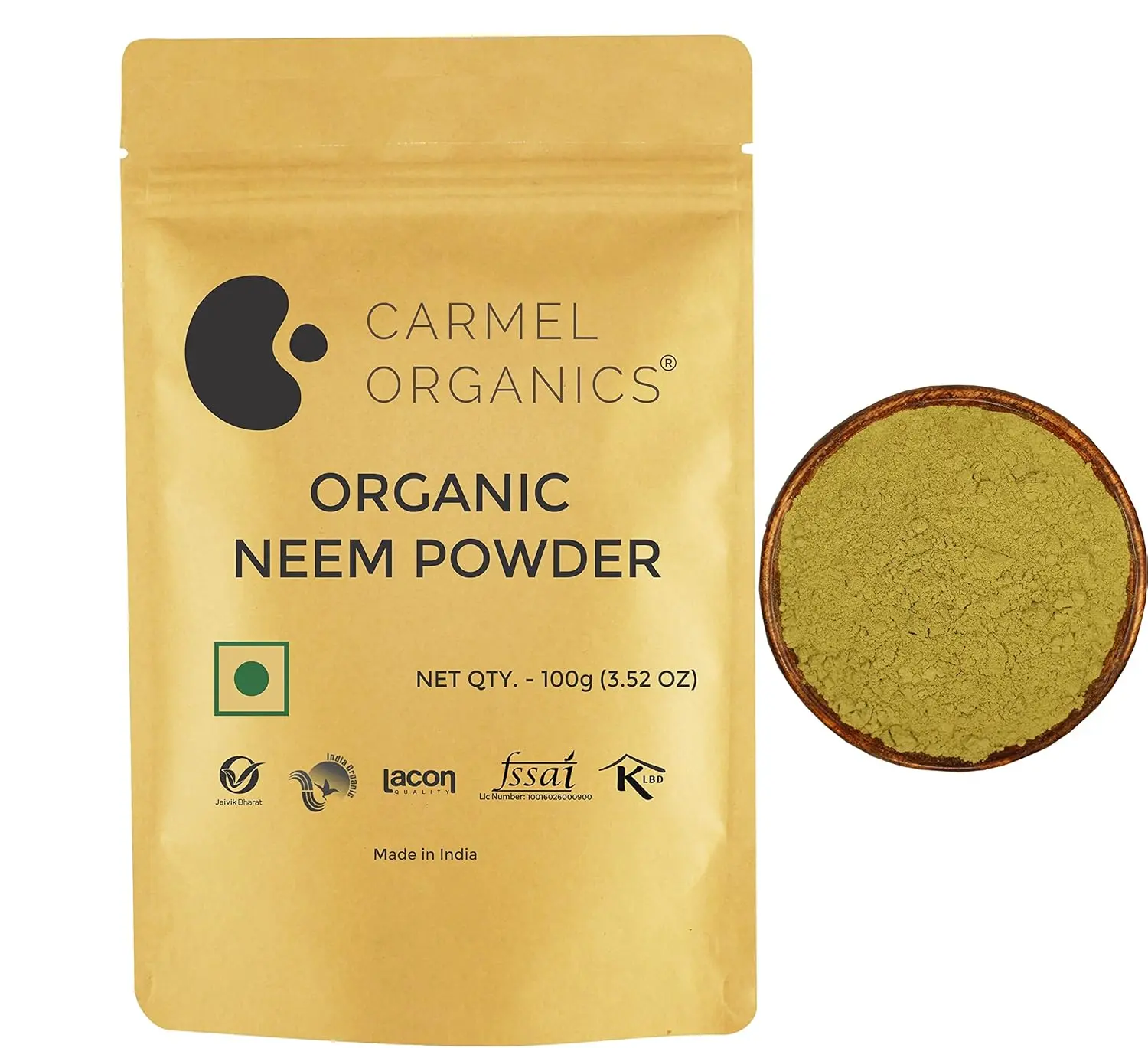 This is a pack of CARMEL ORGANICS Neem Leaves Powder, Jaivik Bharat Certified, sourced sustainably with no added preservatives and non-GMO, perfect for face masks, hair care, dental health, and digestive support.