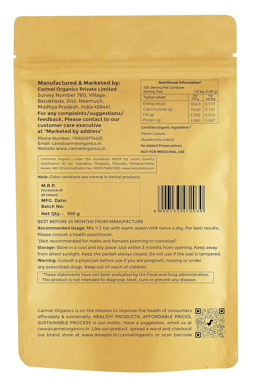 This is a pack of CARMEL ORGANICS Neem Leaves Powder, Jaivik Bharat Certified, sourced sustainably with no added preservatives and non-GMO, perfect for face masks, hair care, dental health, and digestive support.