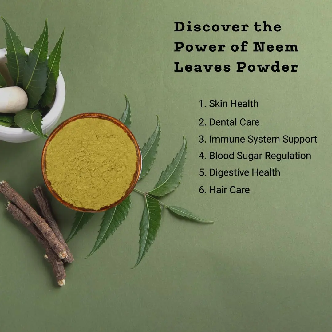 This is a pack of CARMEL ORGANICS Neem Leaves Powder, Jaivik Bharat Certified, sourced sustainably with no added preservatives and non-GMO, perfect for face masks, hair care, dental health, and digestive support.