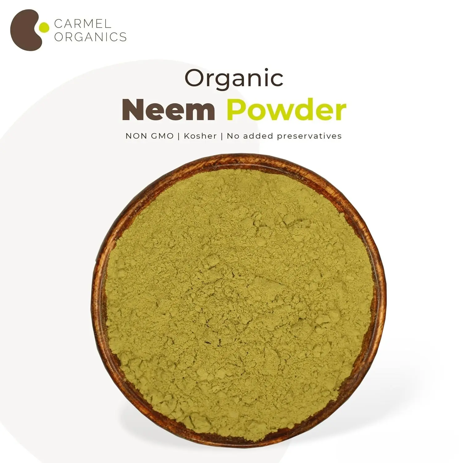 This is a pack of CARMEL ORGANICS Neem Leaves Powder, Jaivik Bharat Certified, sourced sustainably with no added preservatives and non-GMO, perfect for face masks, hair care, dental health, and digestive support.