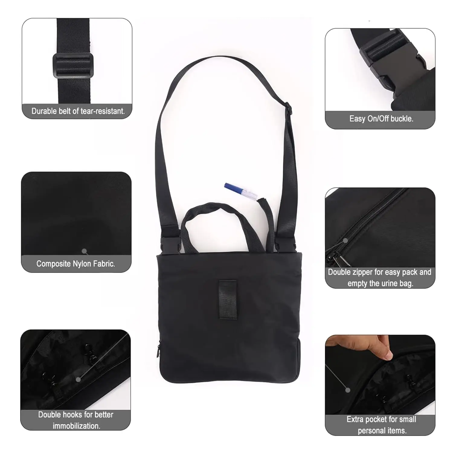 Waterproof nylon catheter bag holder with adjustable strap and tube cover for discreet and convenient urinary drainage bag carrying.
