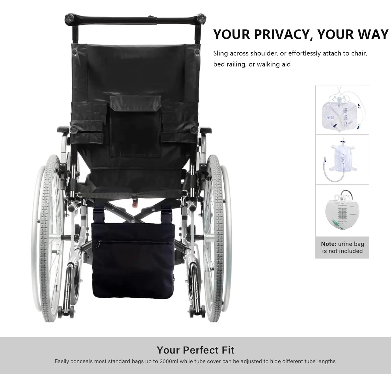 Waterproof nylon catheter bag holder with adjustable strap and tube cover for discreet and convenient urinary drainage bag carrying.