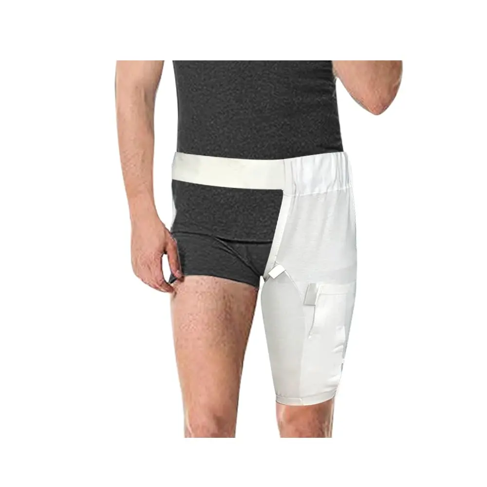 White extra large catheter leg bag holder with waist belt and thigh pockets for urine drainage bags.