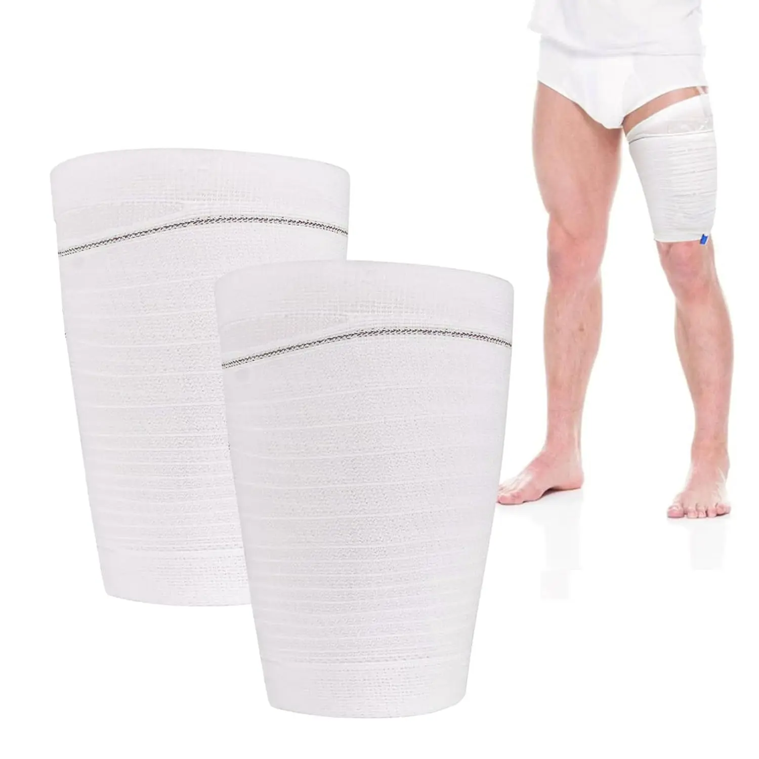 Two washable and reusable catheter leg bag holders made of soft, breathable polyester and elastane, designed for discreet and secure containment of urine bags for incontinence patients.