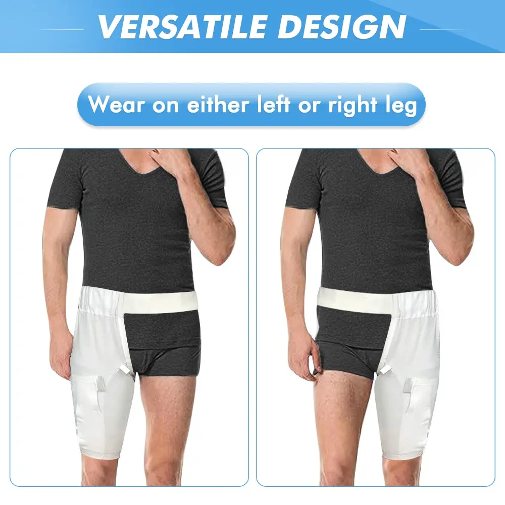 White extra large catheter leg bag holder with waist belt and thigh pockets for urine drainage bags.