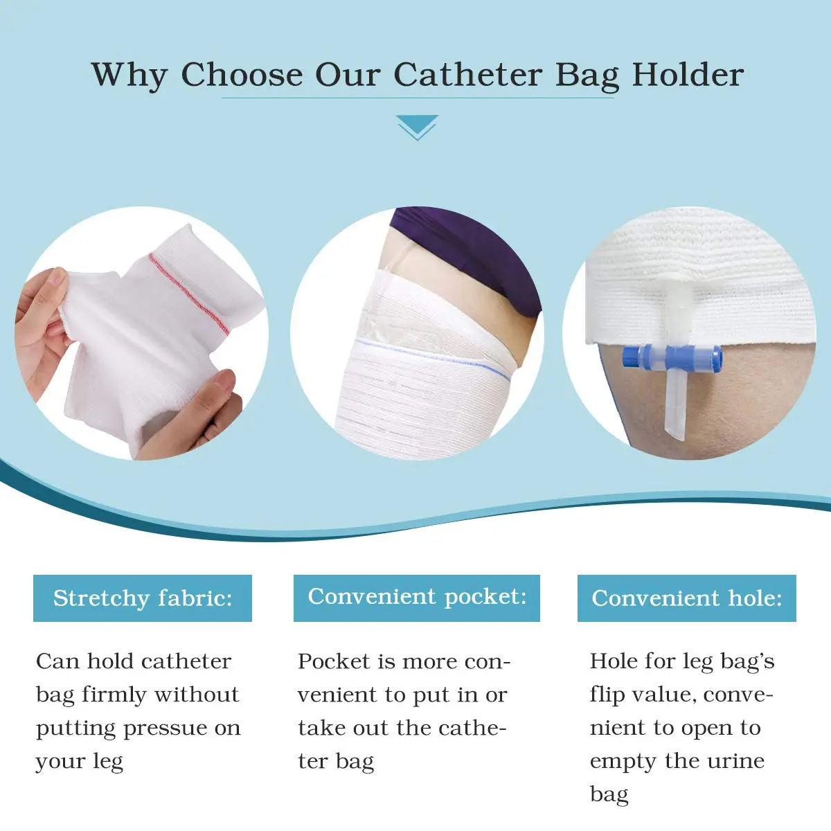 Two washable and reusable catheter leg bag holders made of soft, breathable polyester and elastane, designed for discreet and secure containment of urine bags for incontinence patients.