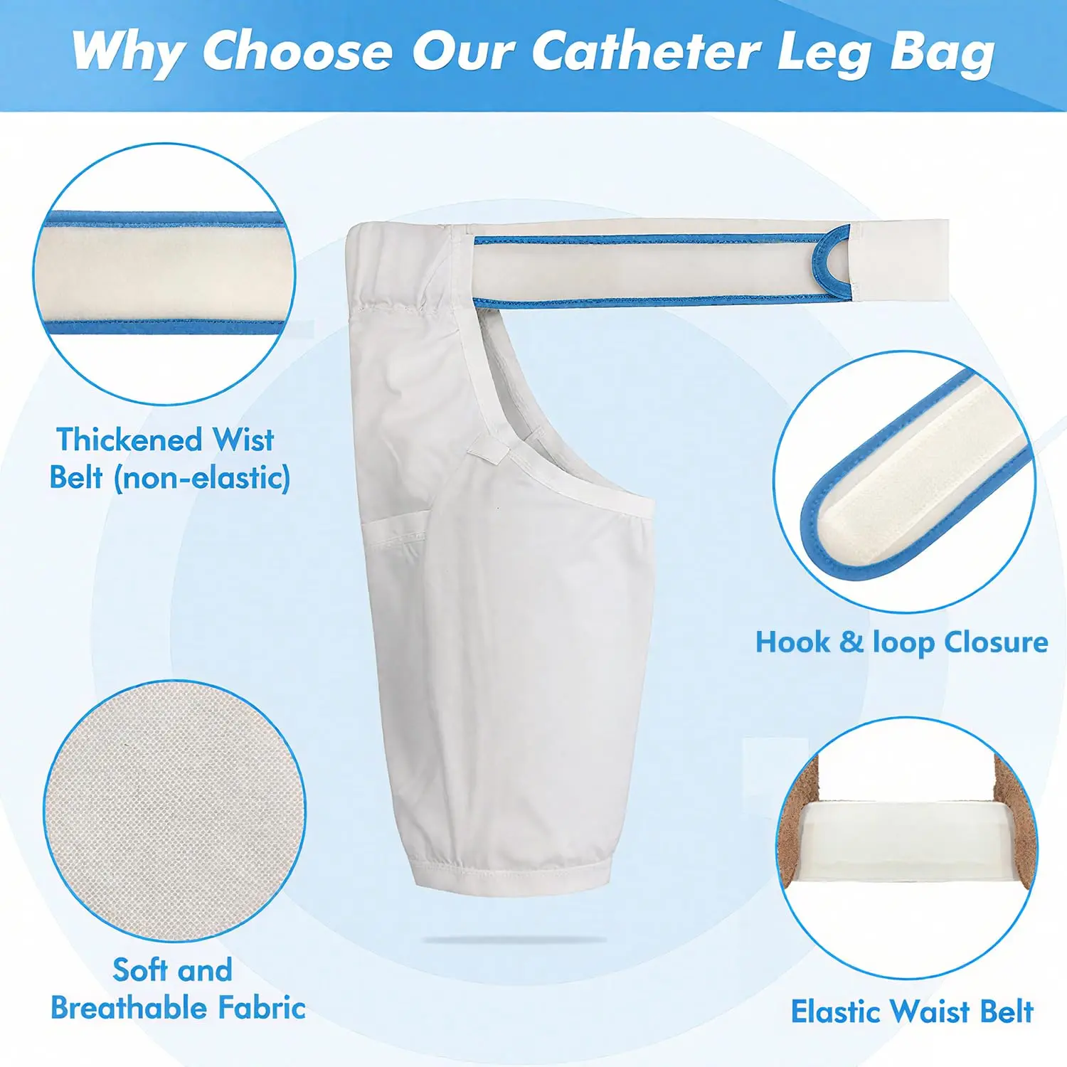 White extra large catheter leg bag holder with waist belt and thigh pockets for urine drainage bags.