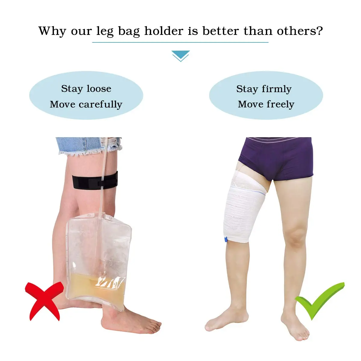 Two washable and reusable catheter leg bag holders made of soft, breathable polyester and elastane, designed for discreet and secure containment of urine bags for incontinence patients.