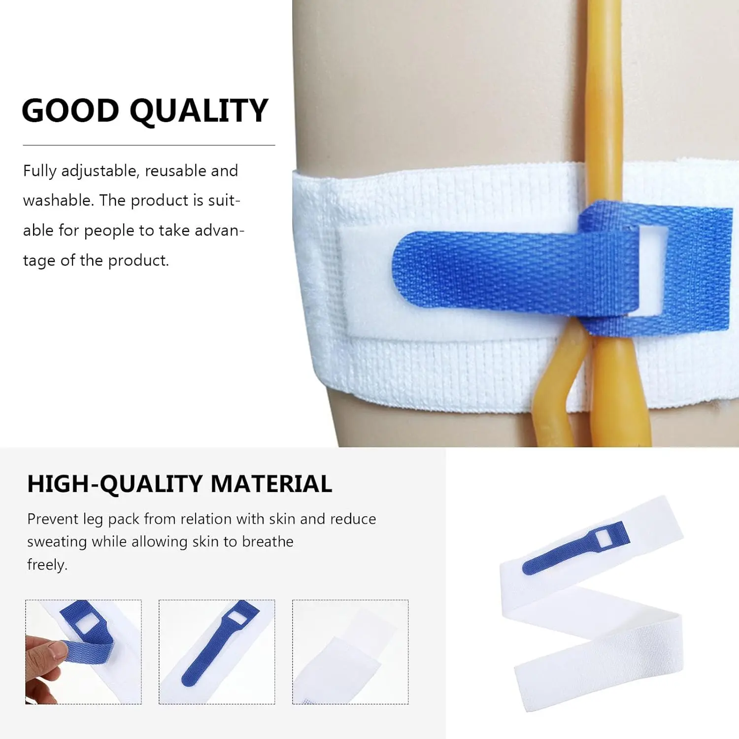 This adjustable and washable catheter leg bag holder provides secure and comfortable support, preventing slipping and irritation for users during daily activities, sleep, and bathing.