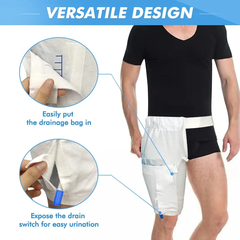 White extra large catheter leg bag holder with waist belt and thigh pockets for urine drainage bags.