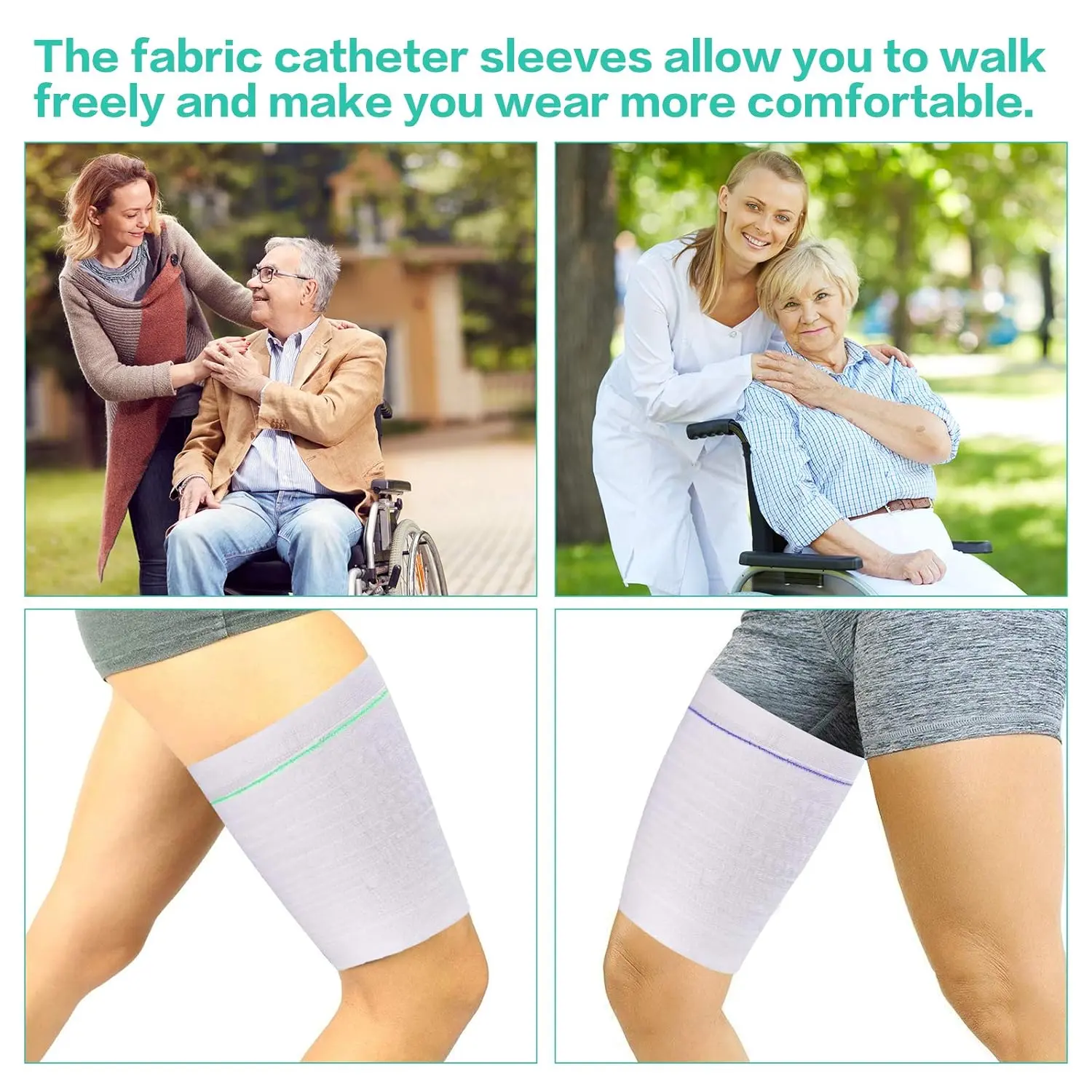 Comfortable catheter leg bag holder and urine sleeve provides discreet urinary drainage and washable incontinence supplies for men and women.