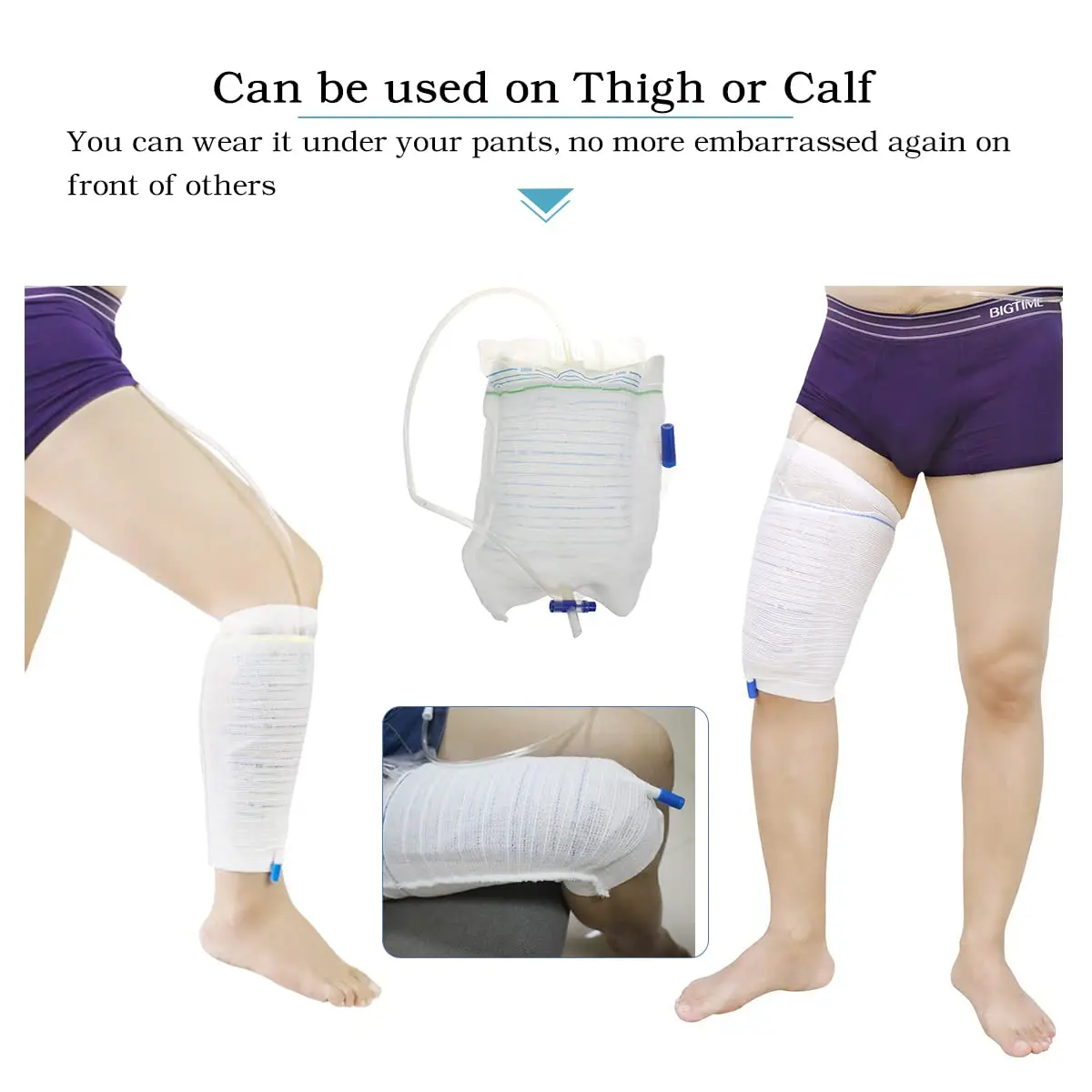 Two washable and reusable catheter leg bag holders made of soft, breathable polyester and elastane, designed for discreet and secure containment of urine bags for incontinence patients.