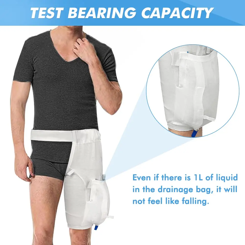 White extra large catheter leg bag holder with waist belt and thigh pockets for urine drainage bags.