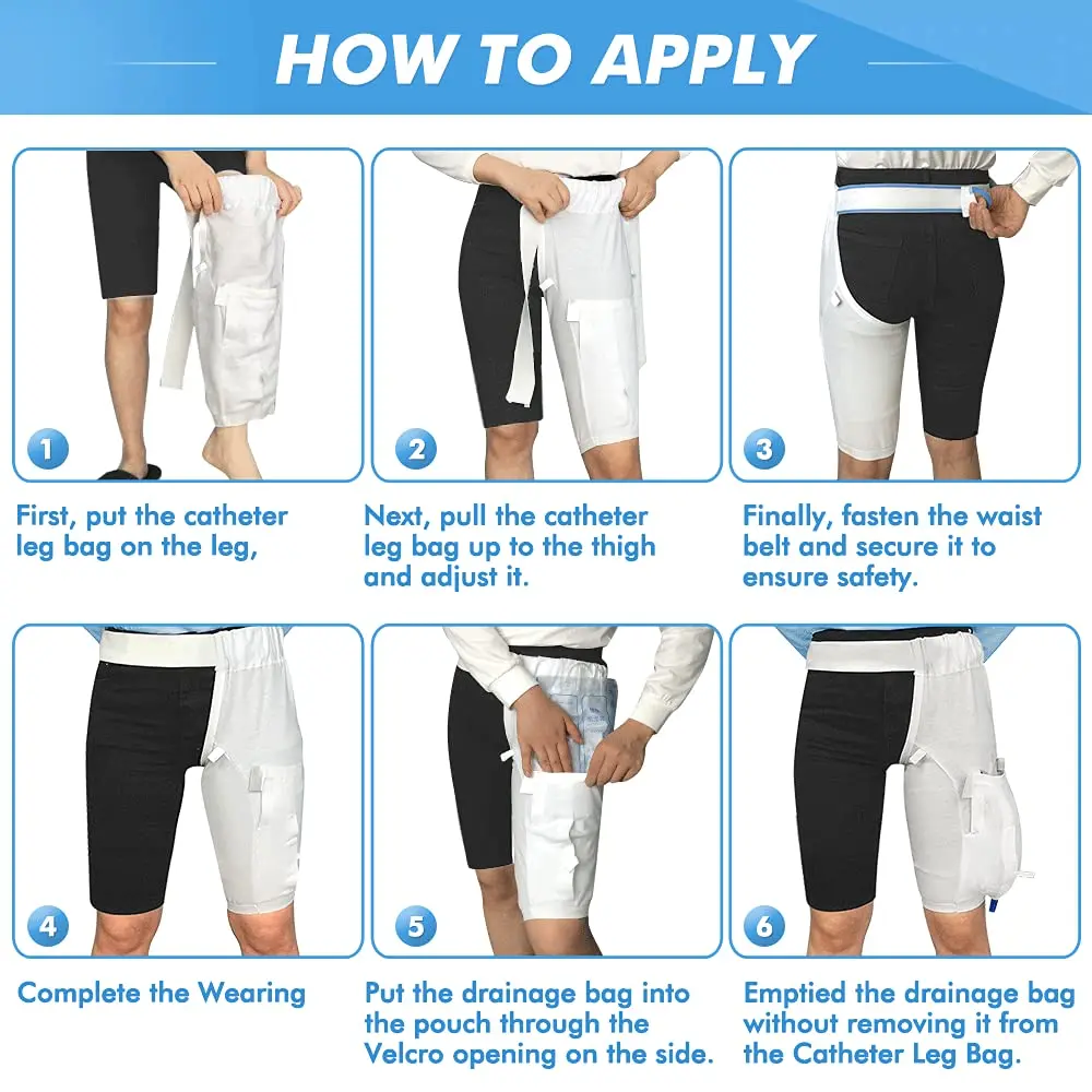 White extra large catheter leg bag holder with waist belt and thigh pockets for urine drainage bags.